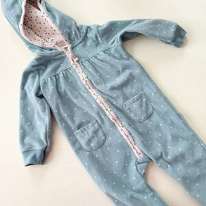 Carters fleece blue polka dot cat hooded one piece zip up size 18 months